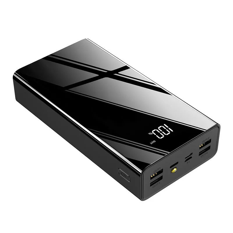 Red and black 40000mAh power bank with LCD display showing battery level.