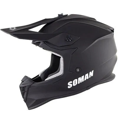 Full face motorcycle helmet on rider, ABS shell, colour Bright Black Red, size M displayed