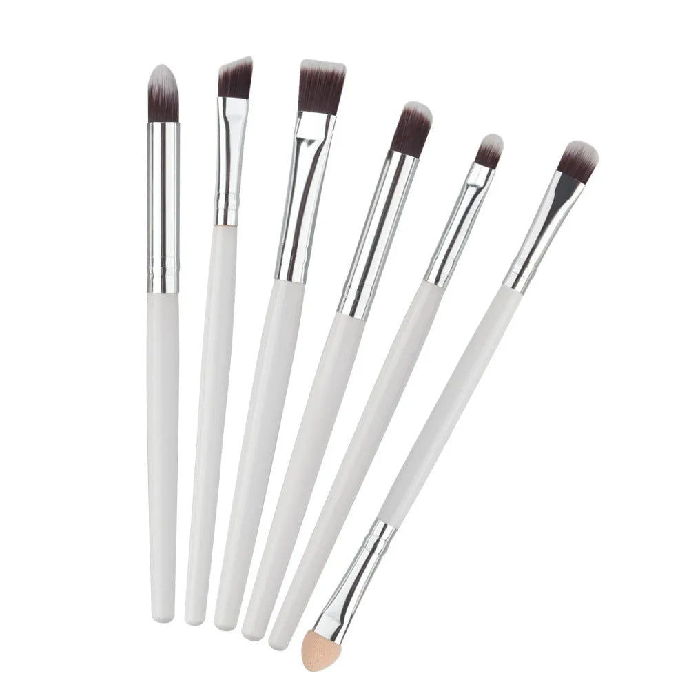 6 piece eye makeup brush set with wood handles and nylon bristles in black colour option on white background