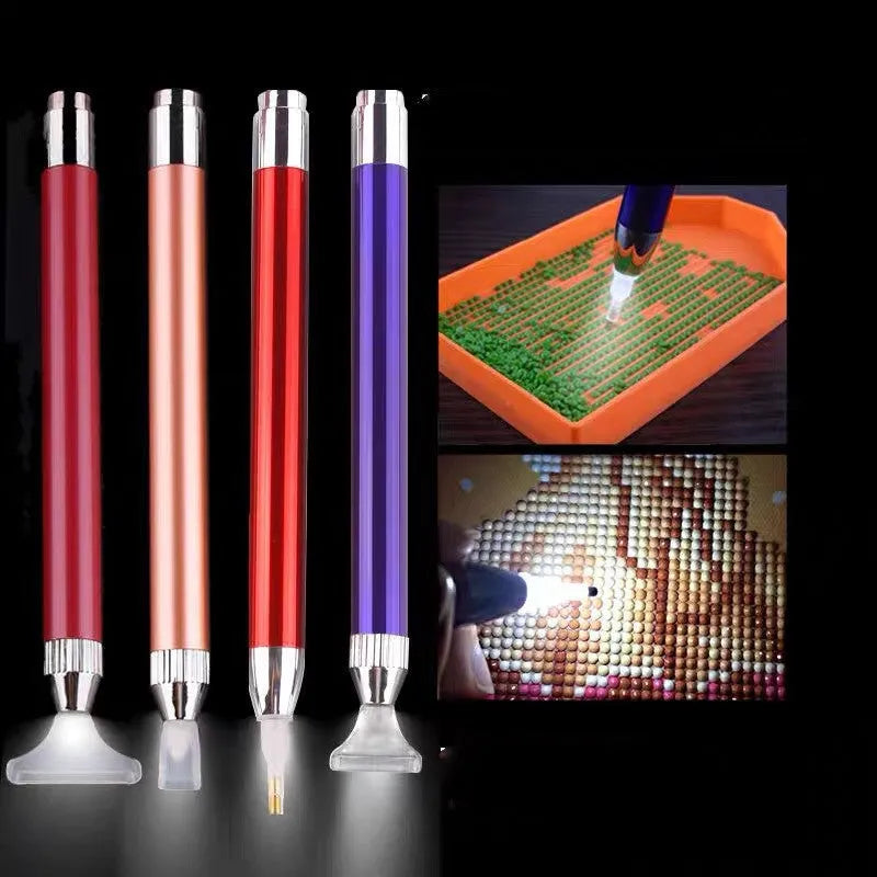 Luminous diamond painting drill pen in aluminium alloy with gold, red, or blue tip