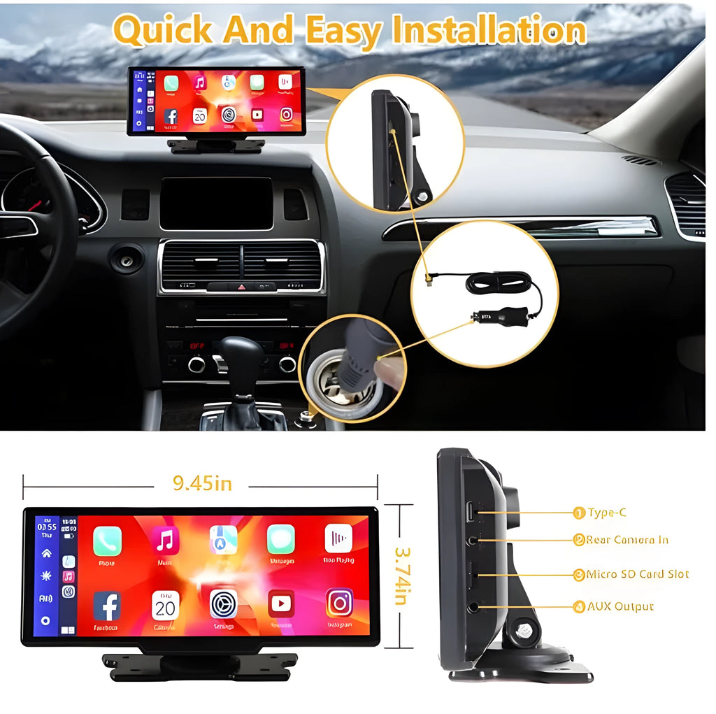 Portable wireless Carplay screen 9.3 inch with 2.5K camera DVR and 1080P rear camera, black