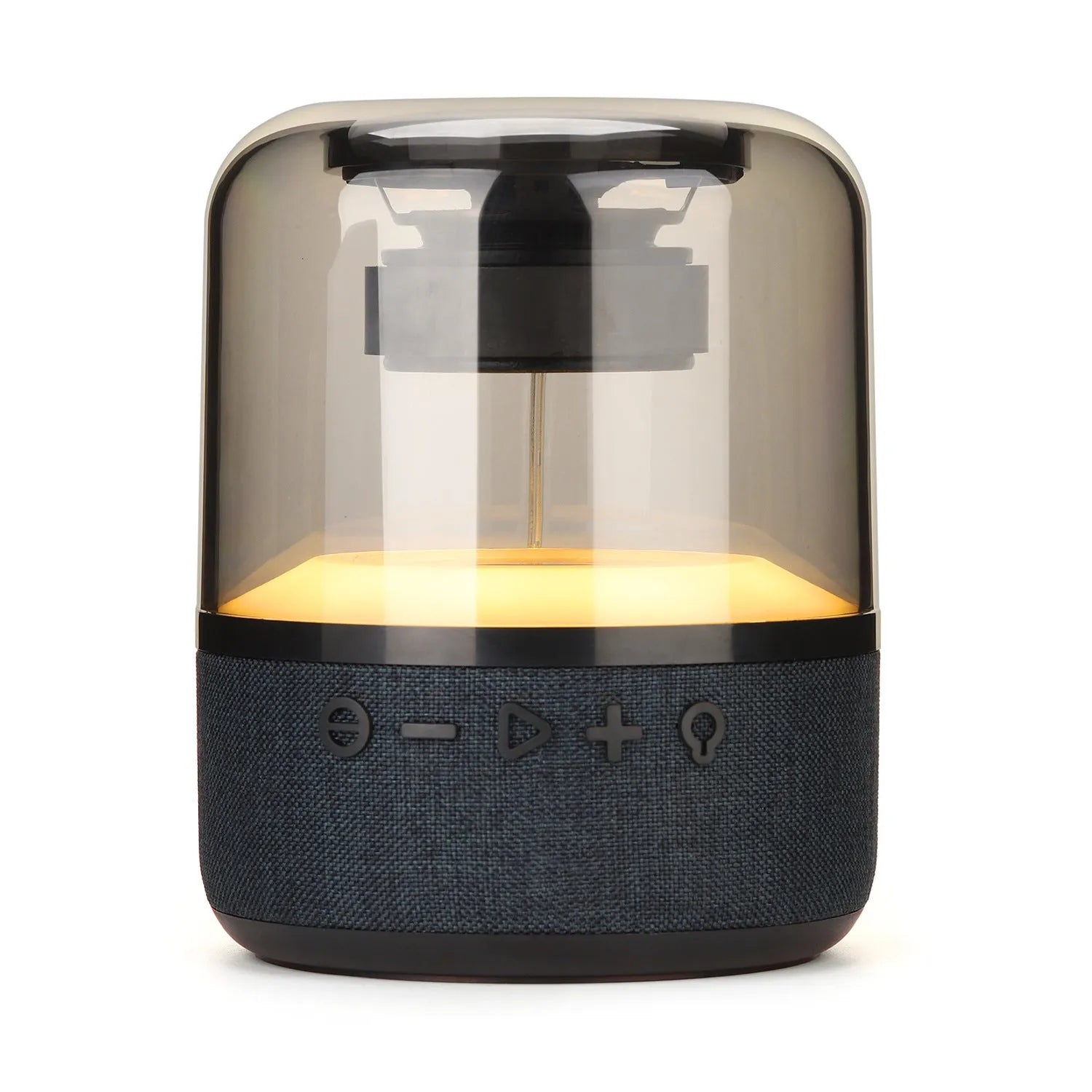 Four-colour light touch wireless Bluetooth speaker with halo lighting effect on a table.