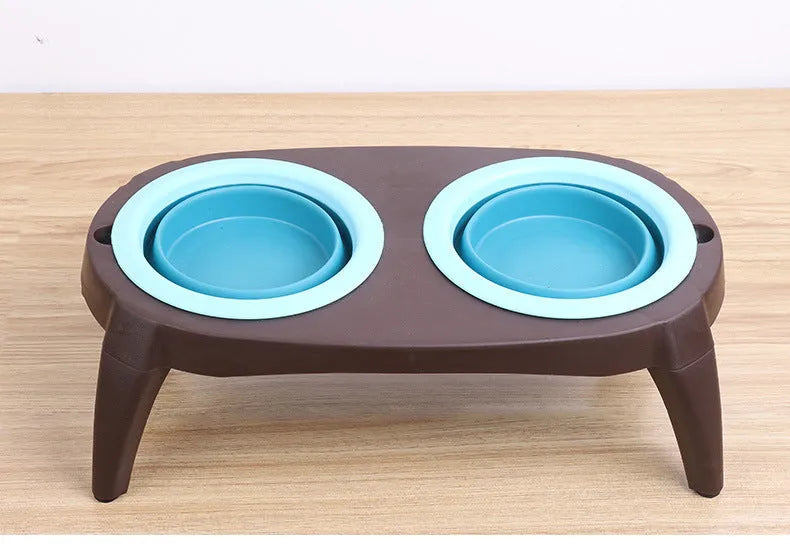 Folding pet double bowl in grey collapsed flat showing PP and TPR construction with two compartments