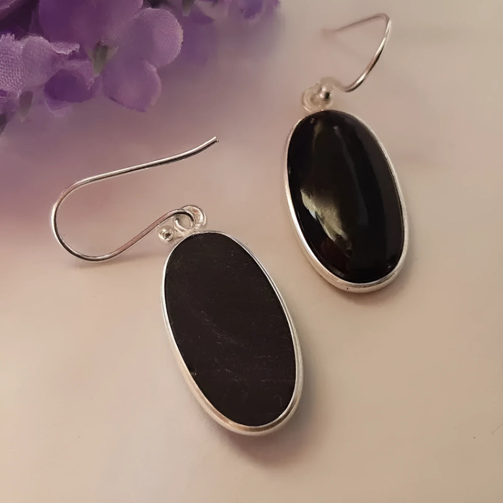 925 silver women's earrings with oval black agate pendants in geometric Chinese style design
