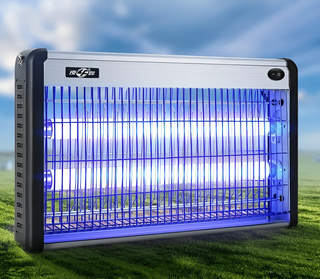 Blue electric mosquito killer lamp with UV light and internal grid for indoor fly and insect control.
