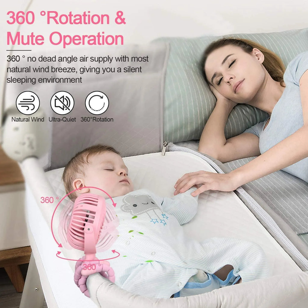 Pink portable stroller fan with octopus design, flexible clip, and LED night light