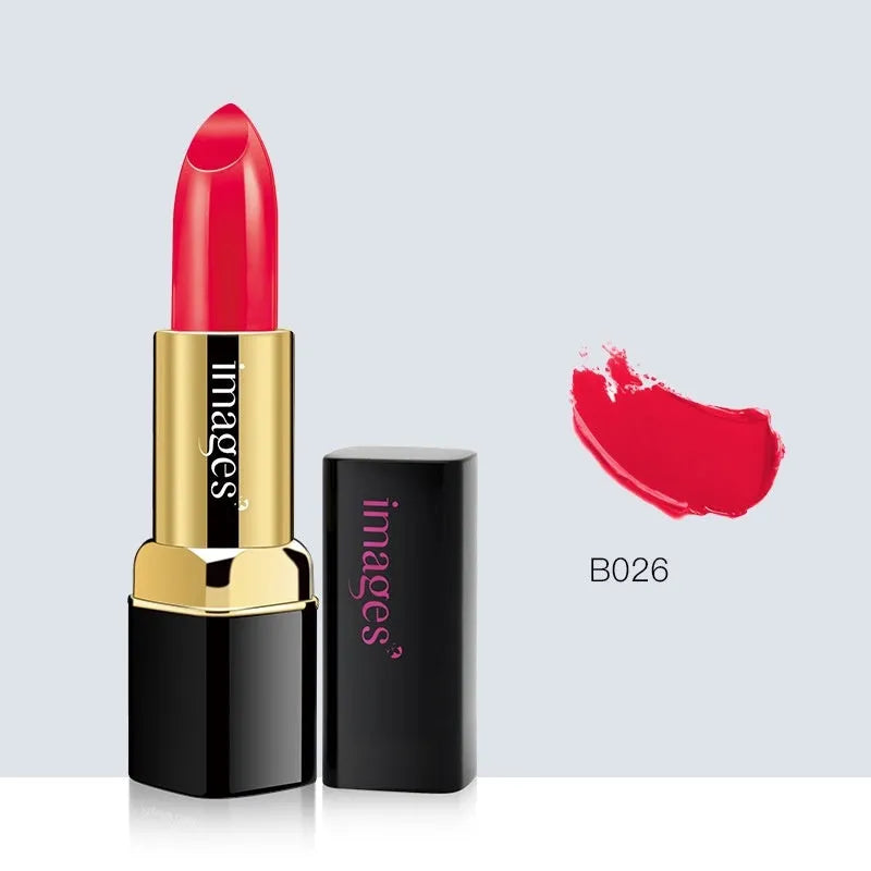 3.8g moisturising lipstick lip gloss in a compact case, available in 10 colours including Coral Red and Classic Red.