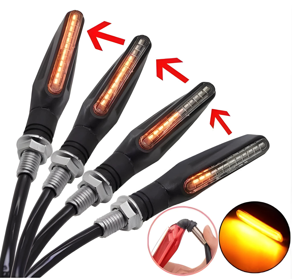 Four universal motorcycle turn signals with flowing water amber LED light, flexible rubber body, black shell, 2.5 x 11cm
