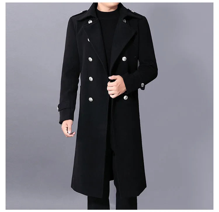 Men's black slim-fit medium-length polyester blend wool coat with pleated patch pockets
