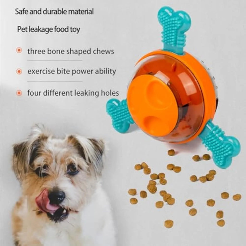 Blue dog interactive puzzle feeder slow feeder with attached rubber bones on a white background.