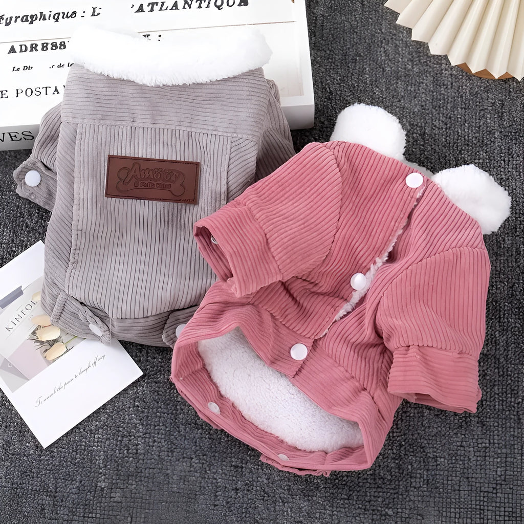 Grey lambswool fleece-lined dog vest for winter wear on a canine model
