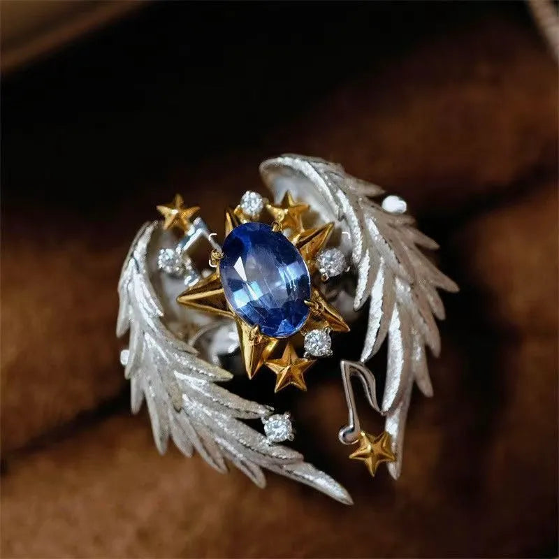 Angel wings geometric ring with adjustable open mouth design in alloy metal