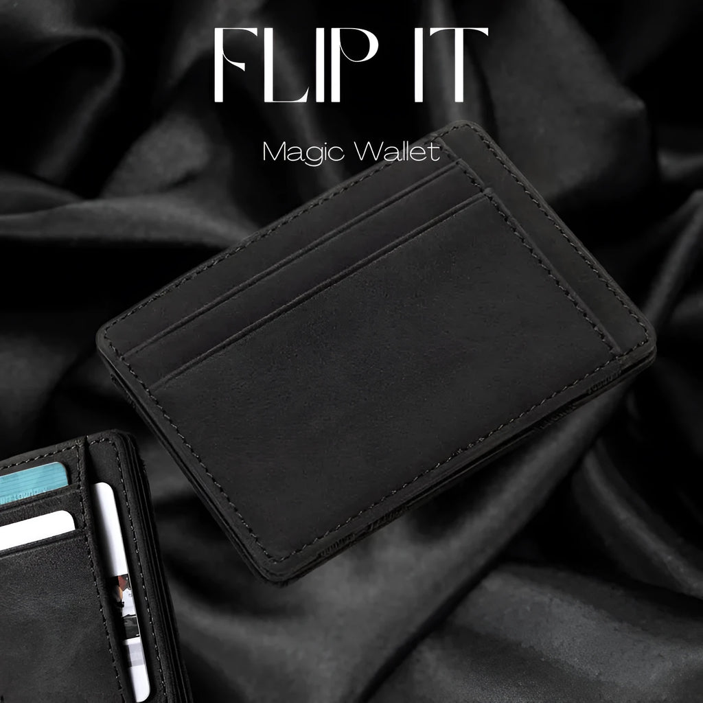PU leather magic wallet open showing flip card holder and zippered coin purse in one of five colours.
