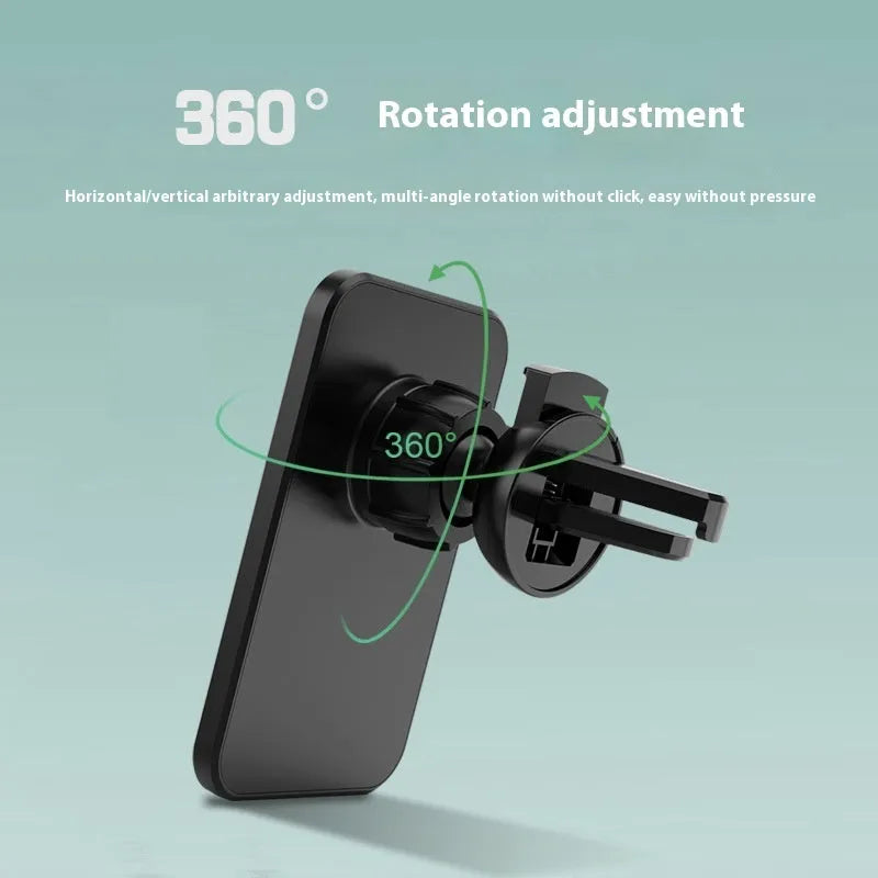 Black X-16 magnetic car wireless charger phone holder attached to a vent bracket