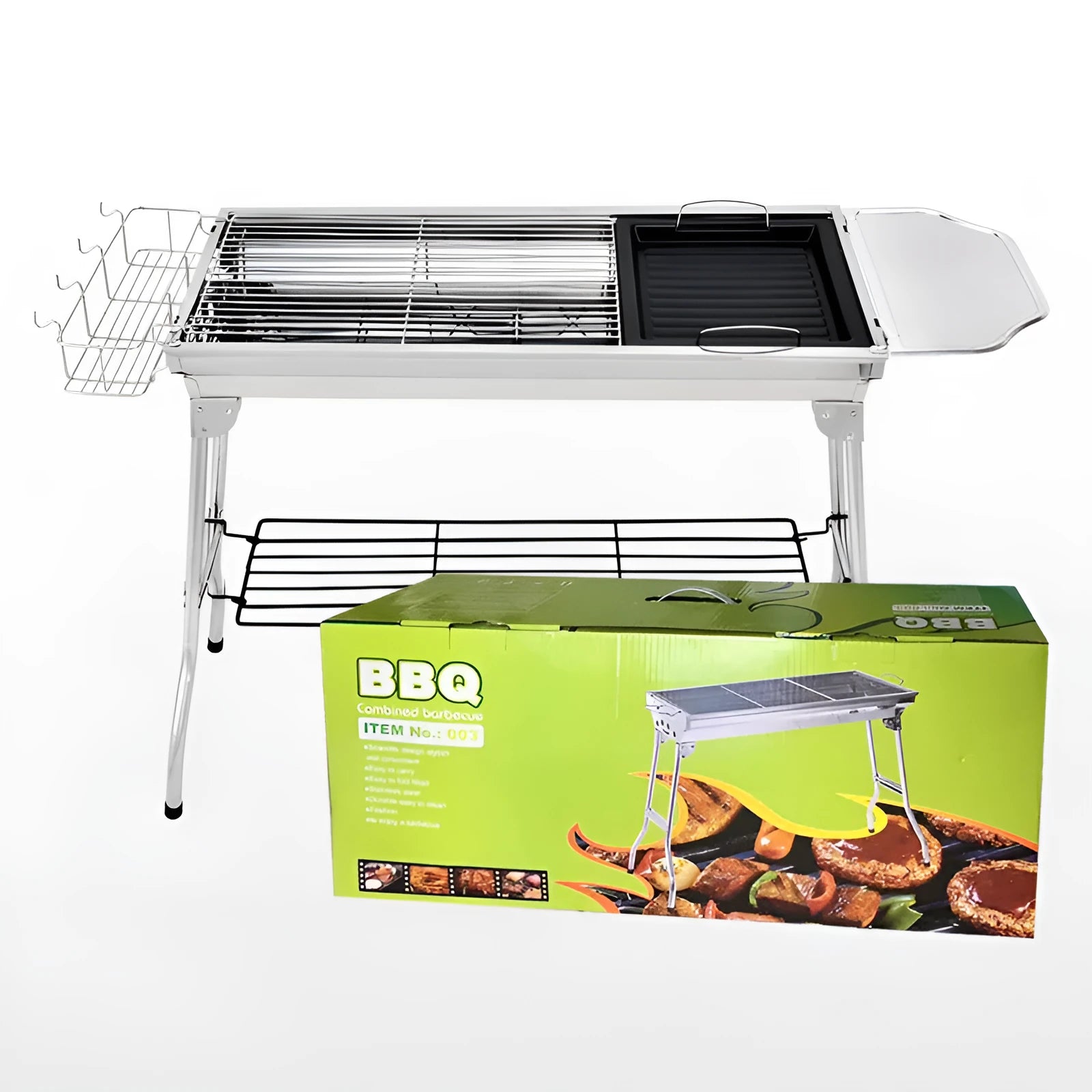 Stainless steel portable folding barbecue grill oven for outdoor cooking.