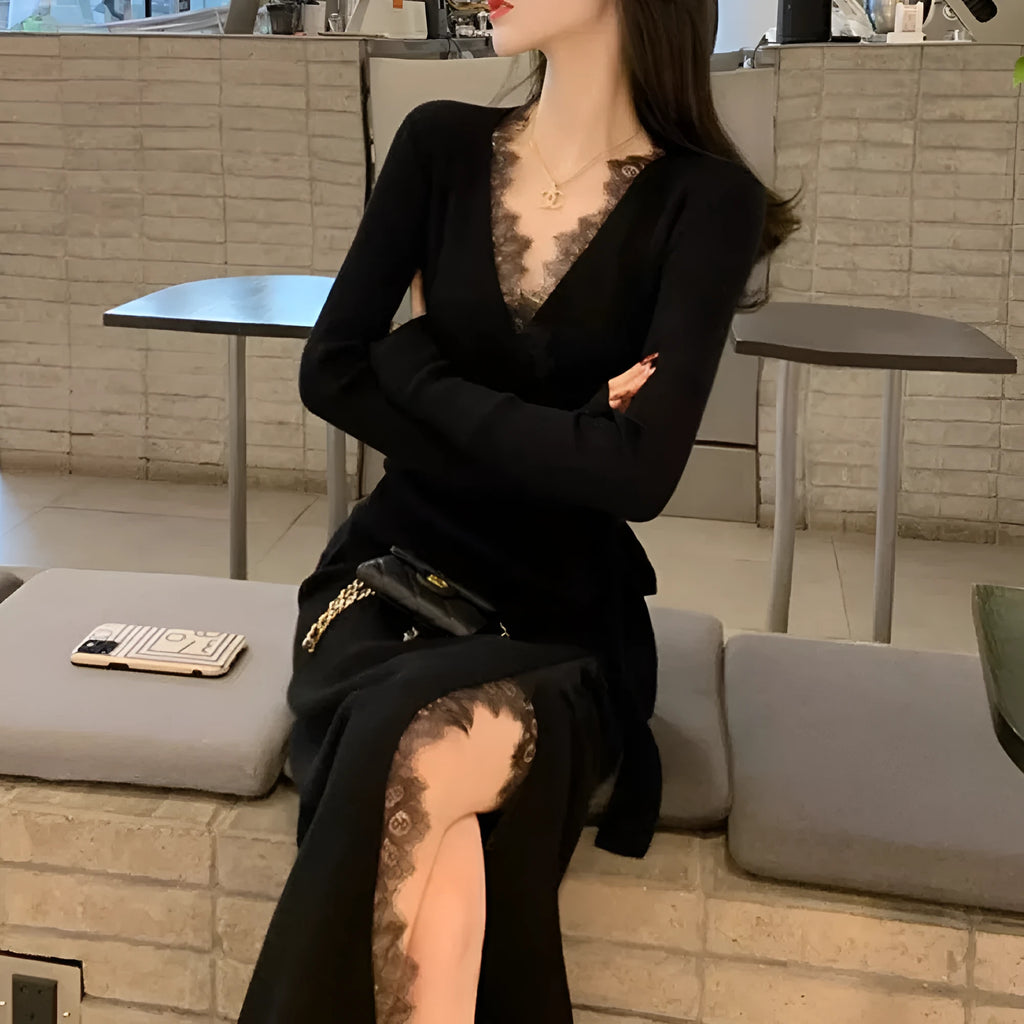 Women's black slim fit wool blend princess dress skirt showing front and side views