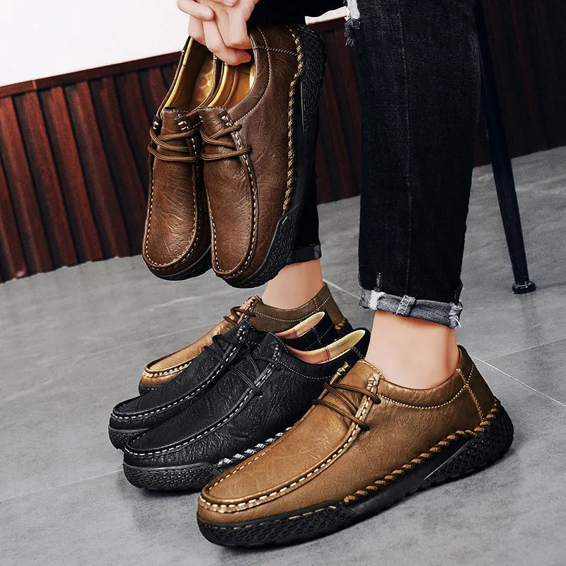 Men's genuine leather casual shoes in dark brown with front lace-up, round toe, and rubber sole
