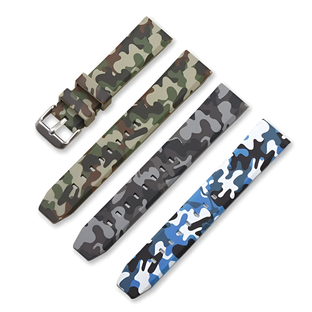 Green camouflage silicone watch strap with flat lugs, shown alongside blue and grey versions.