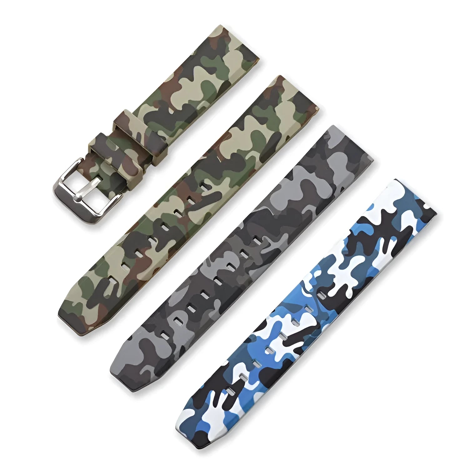 Green camouflage silicone watch strap with flat lugs, shown alongside blue and grey versions.