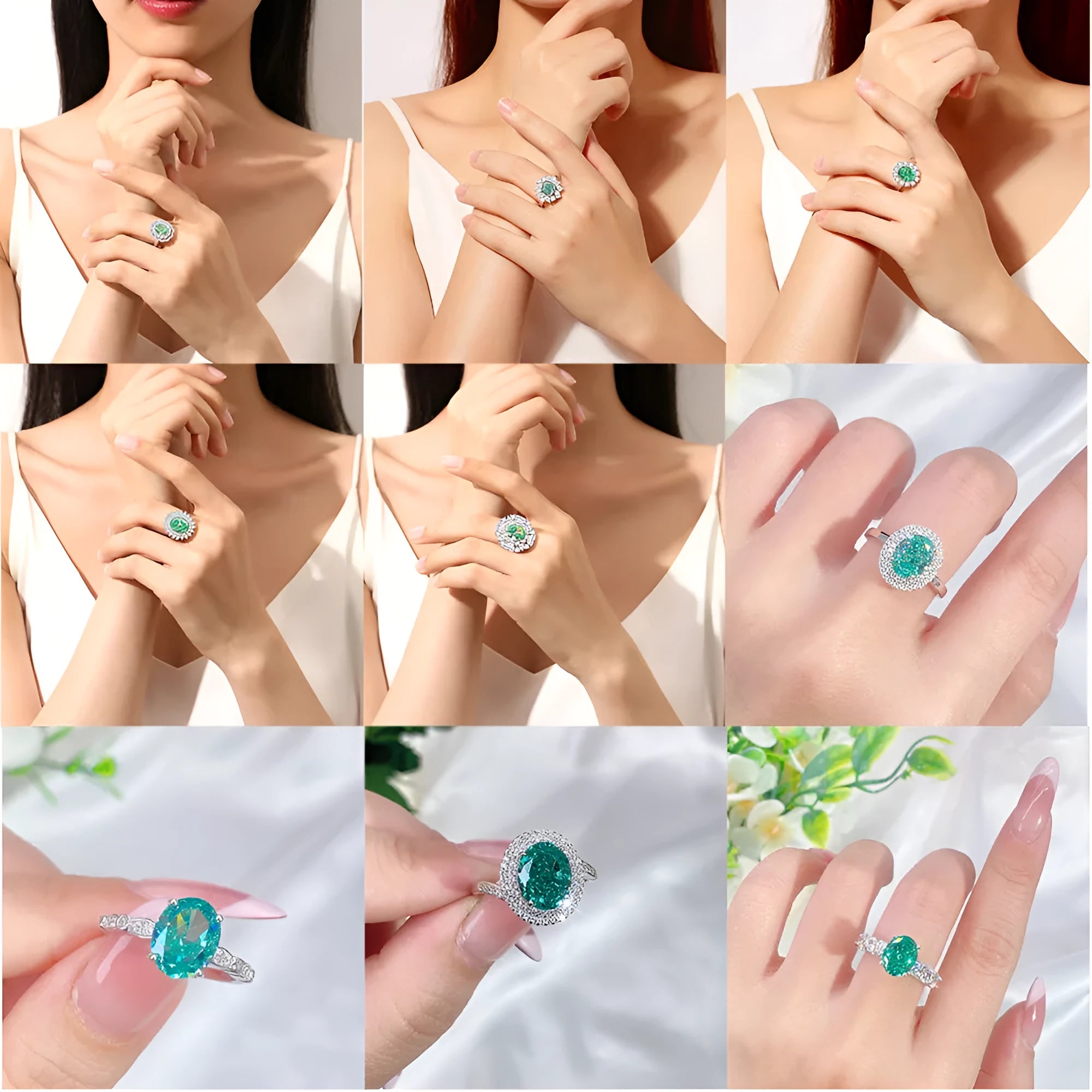Women's sterling silver ring with a central emerald stone and diamond accent on a geometric band.