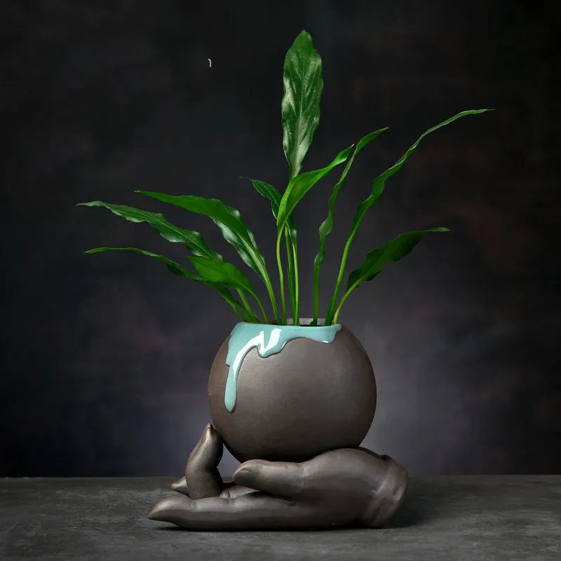 Ceramic desktop flowerpot with semi-manual grouting texture, stone revolve style