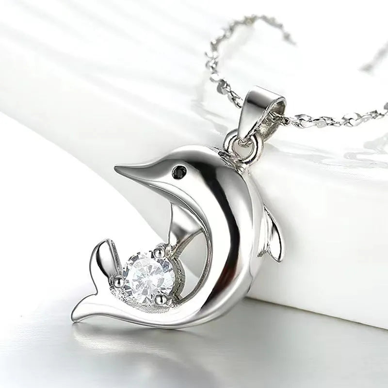 Silver plated copper dolphin pendant necklace with mixed gem inlay on O-link chain, women's fashion jewellery