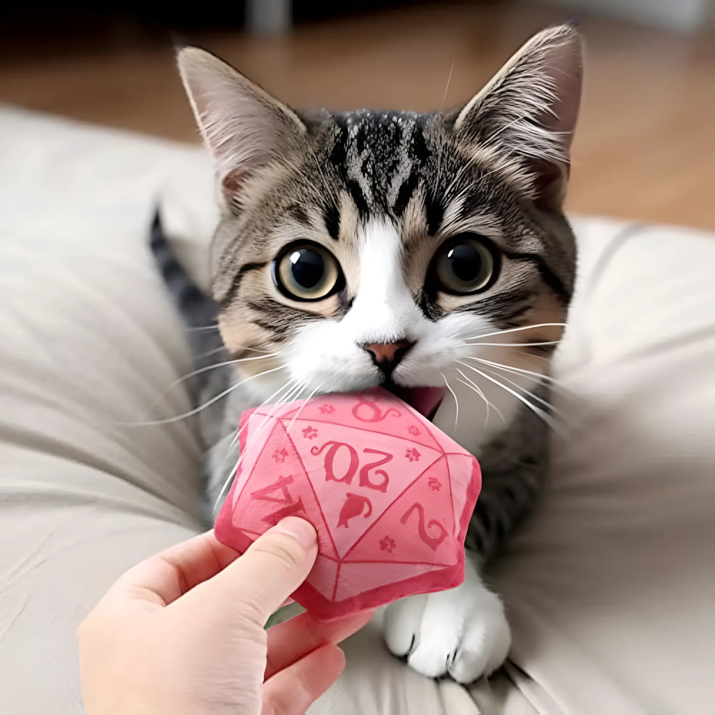 DND-inspired dice-shaped catnip toy in soft plush fabric, available in blue, purple, green and pink colours