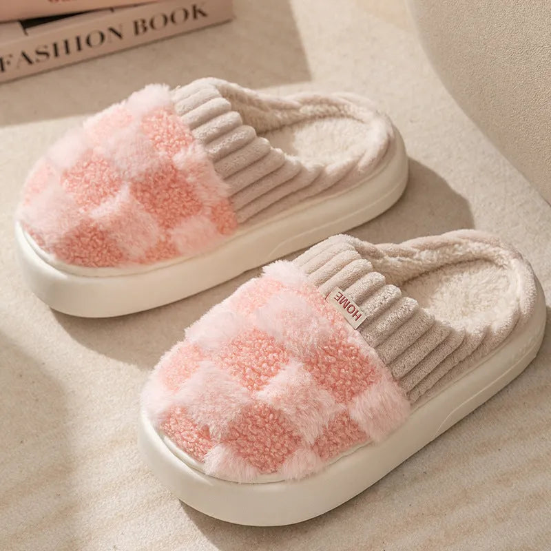 Women's coral velvet plush house slippers with non-slip sole in coffee, green, grey, pink, and white colours
