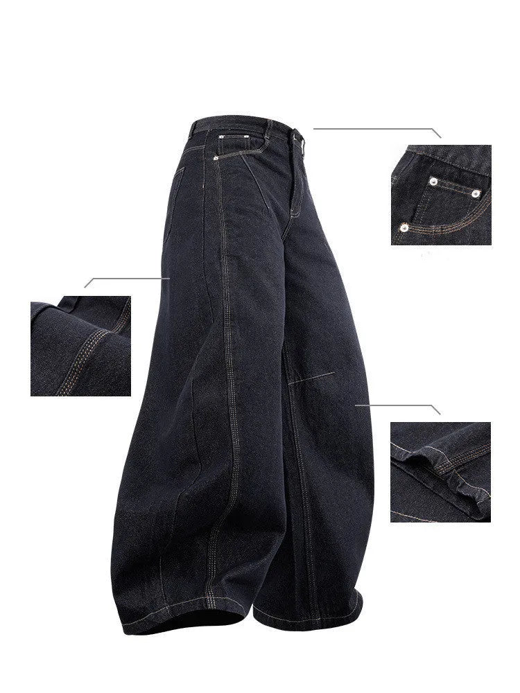Men's wide leg denim trousers in original cow colour on a mid-waist model