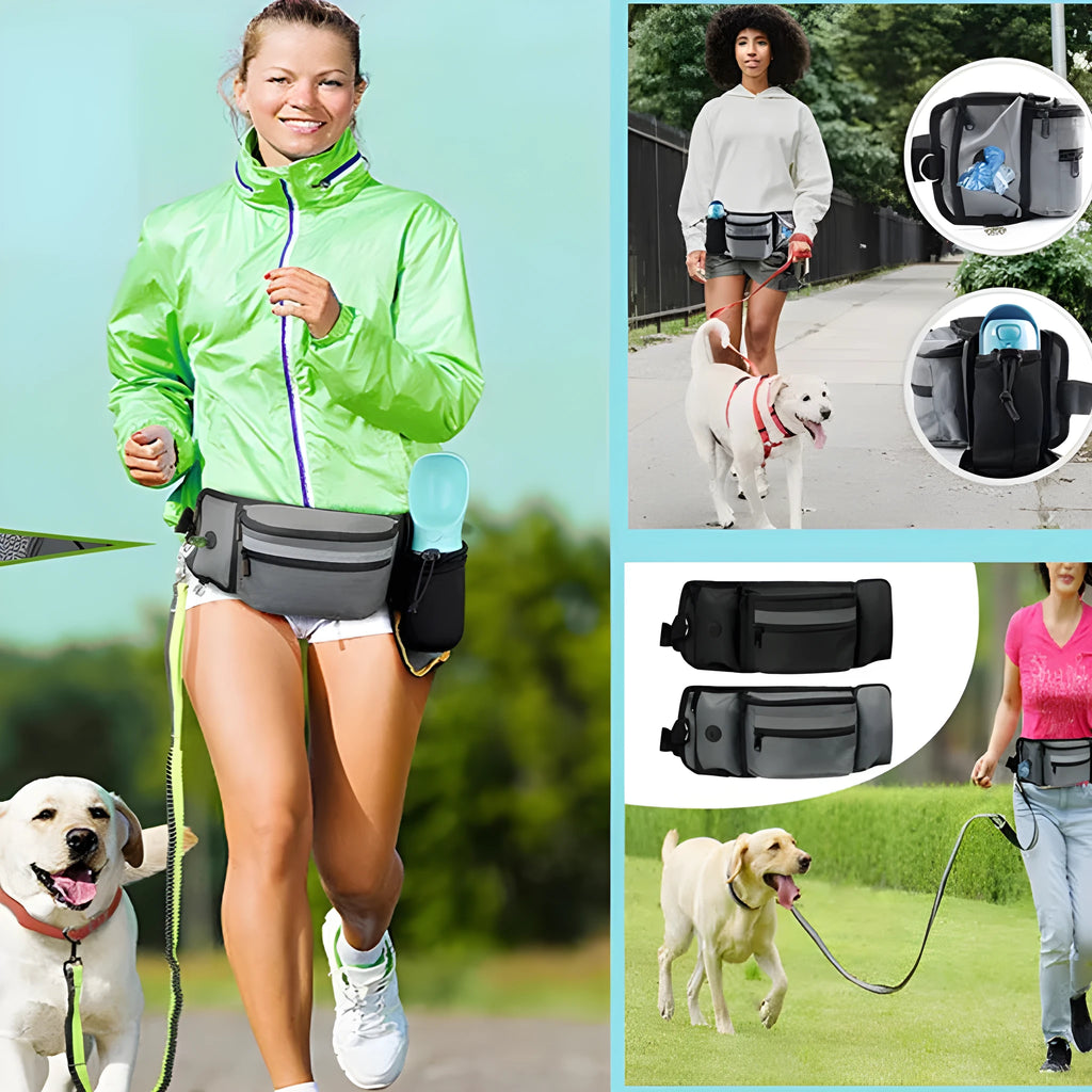 Polyester dog training fanny pack in black striped pattern on a neutral background