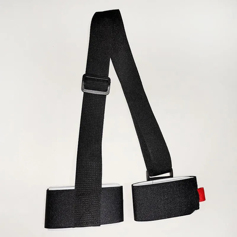 Adjustable hook and loop ski carrying strap in multiple colours for shoulder transport.