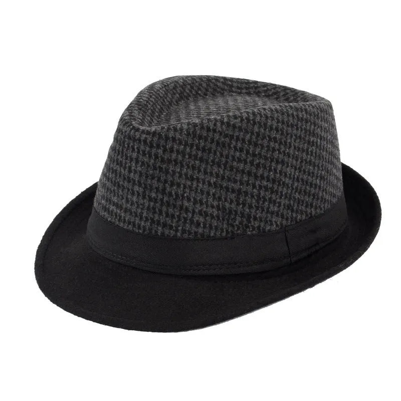 Men's wool blend fedora hat 58cm black jazz bowler style with 4.5cm brim