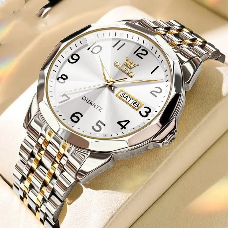 Men's digital calendar quartz watch with round dial, luminous hands, and stainless steel bottom