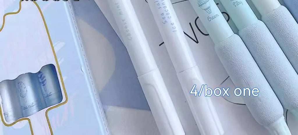 Four double-headed fluorescent calligraphy pens with sponge press design in cheese mint and sea salt ice cup colours