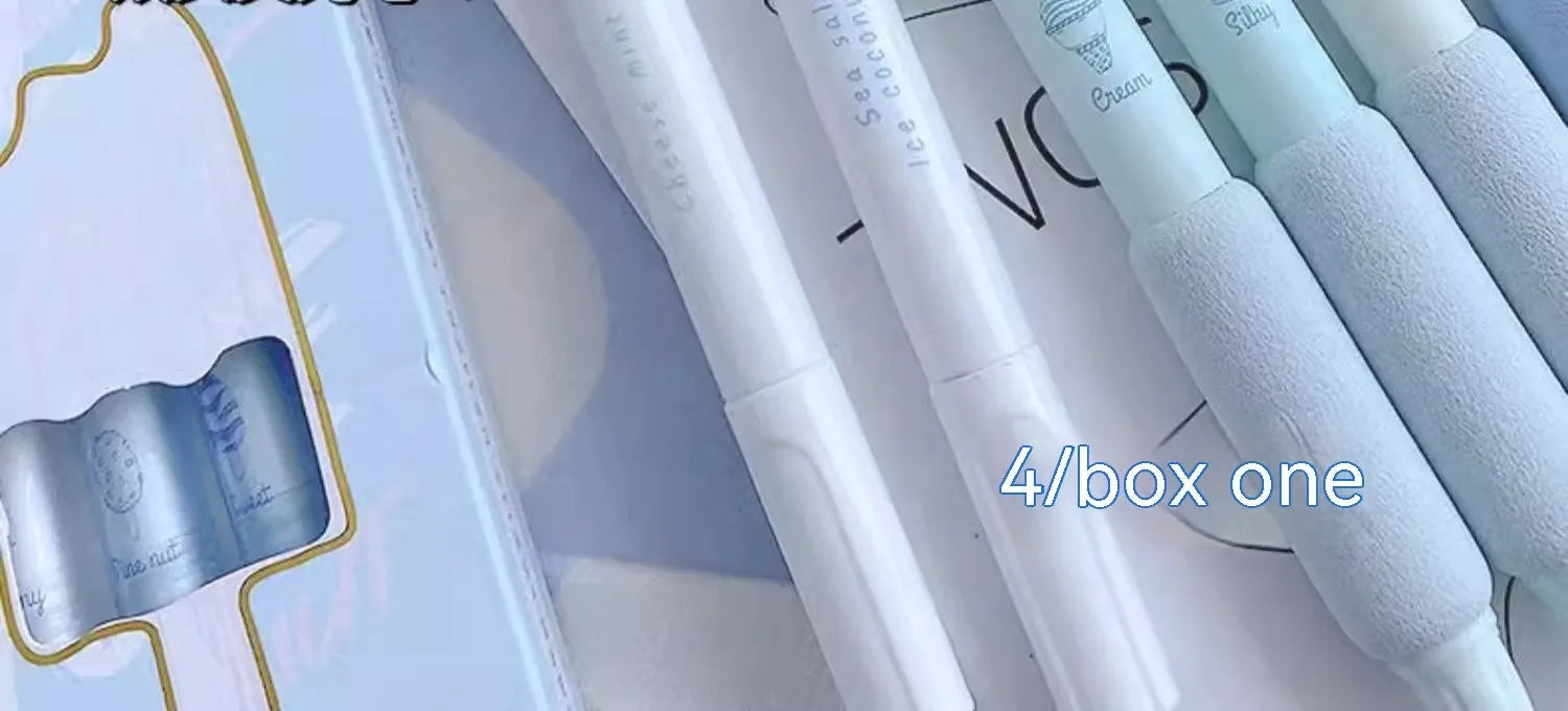 Four double-headed fluorescent calligraphy pens with sponge press design in cheese mint and sea salt ice cup colours