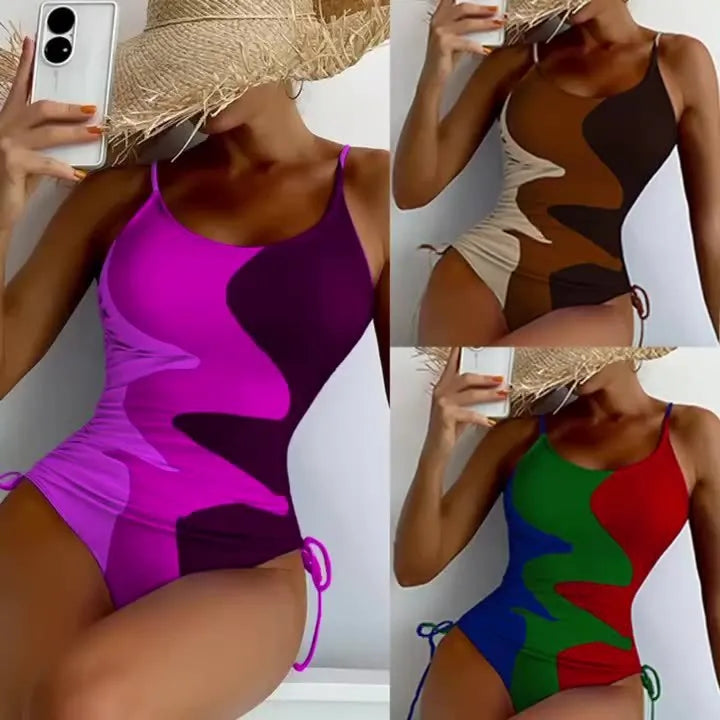 Women's sleeveless one-piece swimsuit with fixed swimming trunks in blue colour
