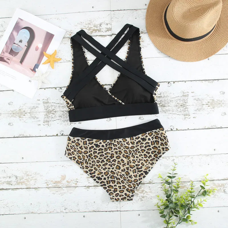 Women's leopard print V-neck bikini swimsuit with cross banded design and split side briefs