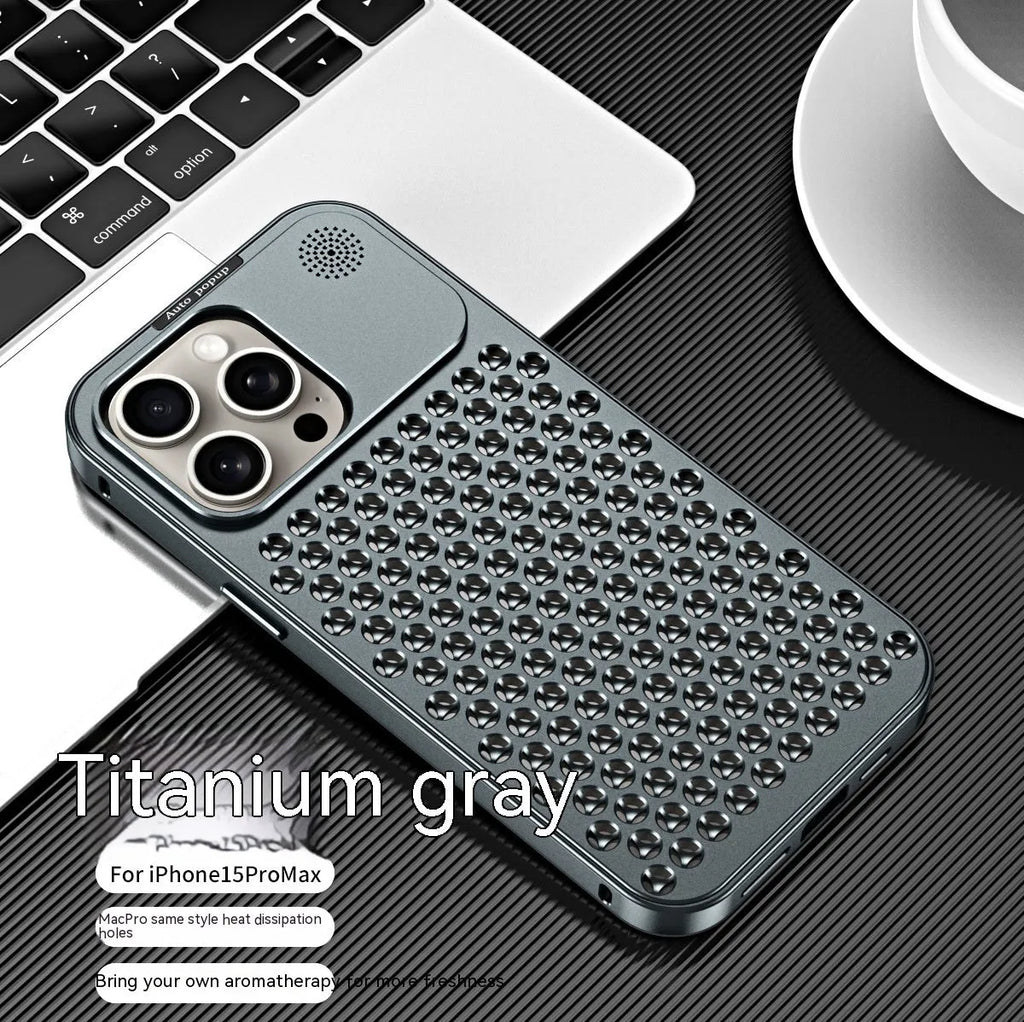 Aluminum alloy spring fastener aromatherapy phone case for Apple iPhone with frosted finish and magnetic suction