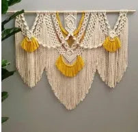 Hand-woven cotton Nordic tapestry wall hanging with creamy white and yellow colours