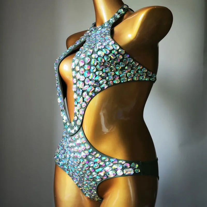 Women's one-piece mesh diamond swimsuit in nylon fabric with polyester lining