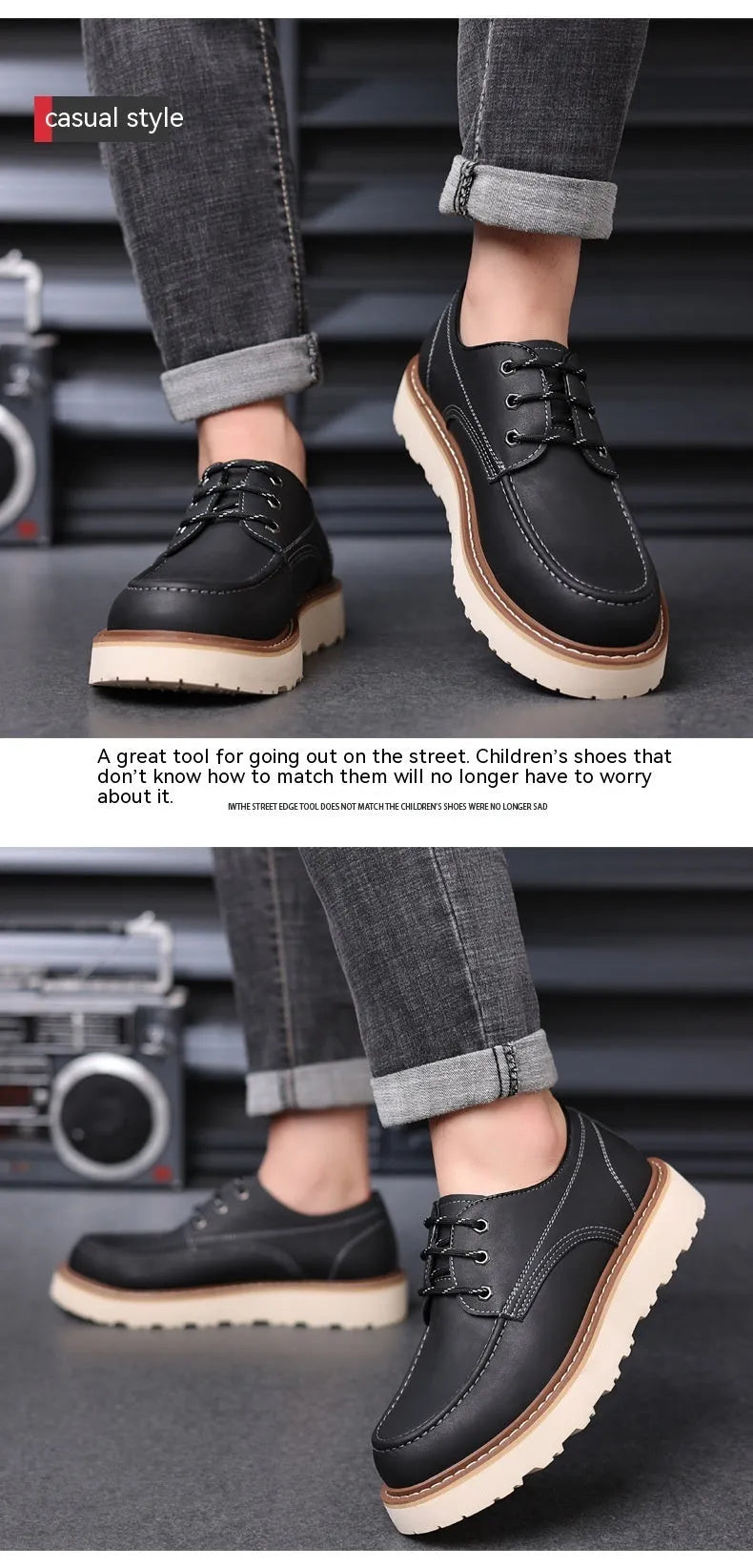 Men's black and brown Martin boots with round toe and non-slip rubber sole