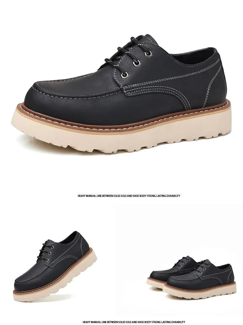 Men's black and brown Martin boots with round toe and non-slip rubber sole