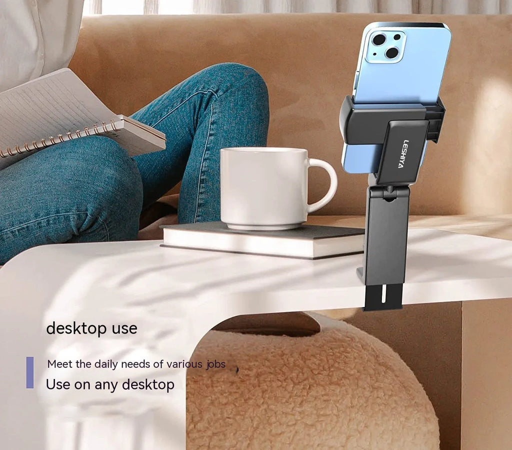 Black foldable universal phone holder with rotating body stand for mobile devices