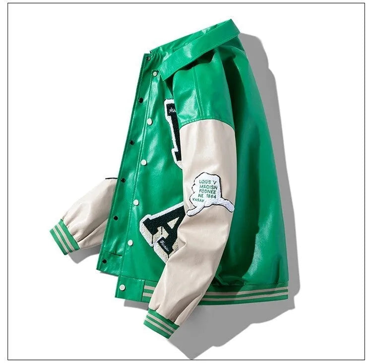 Men's loose fit lapel jacket in green, black or brown, sizes M to 5XL, with side seam pockets and polyester lining.