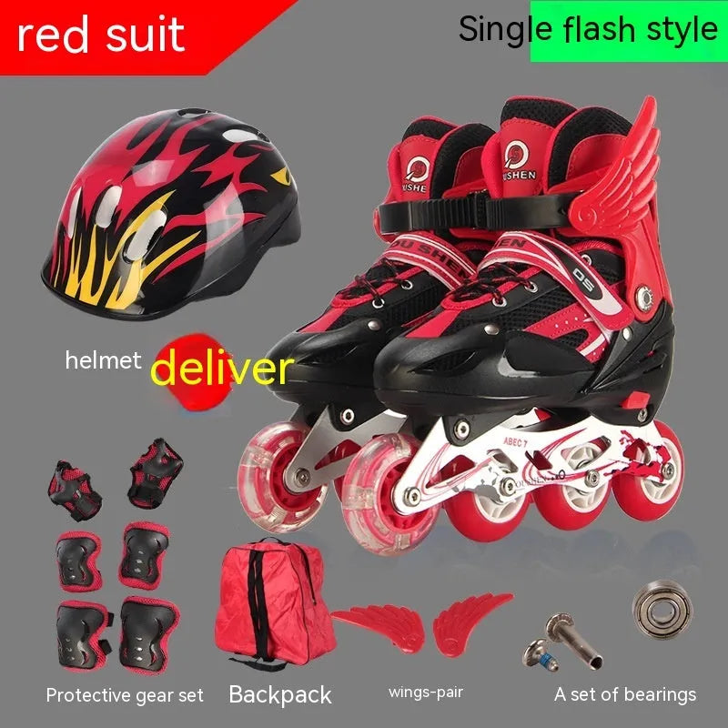 Yellow adjustable children's inline skates with aluminium frame, helmet, and protective gear set on a backpack