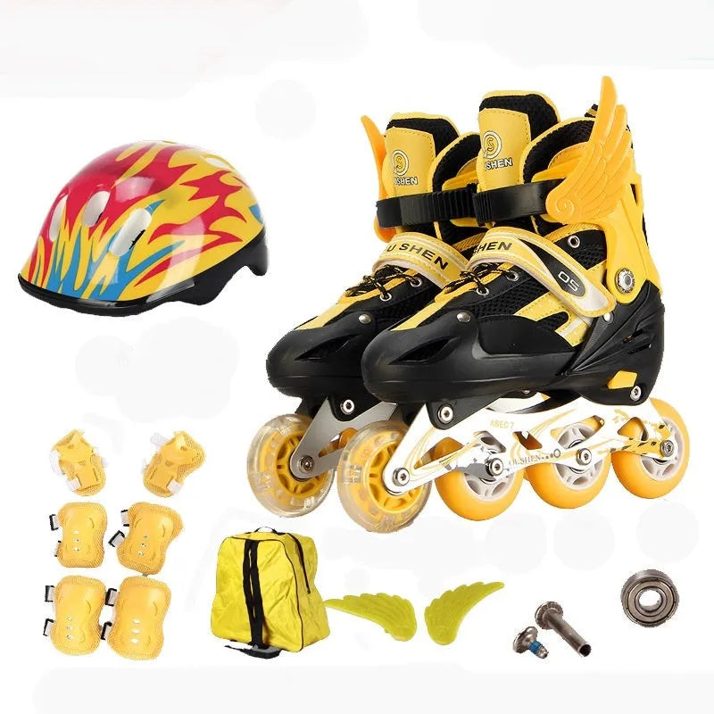 Yellow adjustable children's inline skates with aluminium frame, helmet, and protective gear set on a backpack
