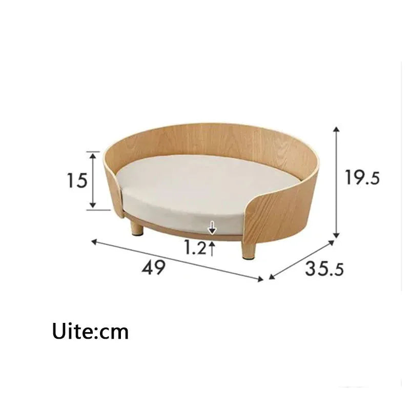 Brown wooden pet bed with cushion, 49cm wide, 35.5cm deep, 19.5cm high, for cats and small dogs