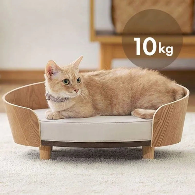 Brown wooden pet bed with cushion, 49cm wide, 35.5cm deep, 19.5cm high, for cats and small dogs