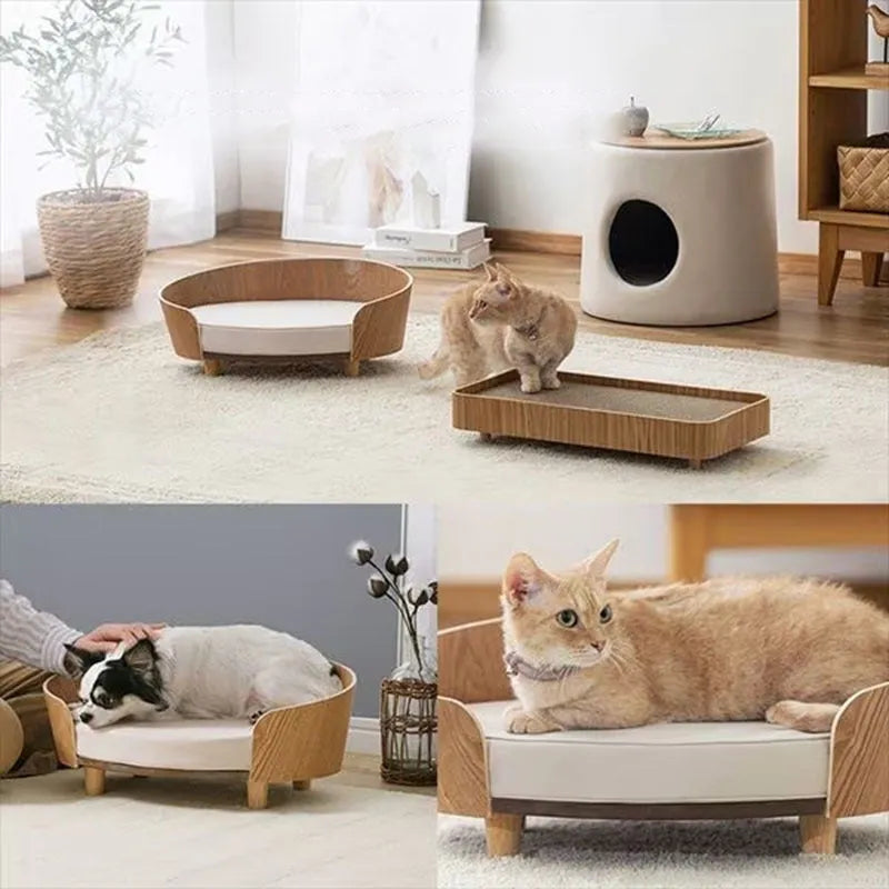 Brown wooden pet bed with cushion, 49cm wide, 35.5cm deep, 19.5cm high, for cats and small dogs