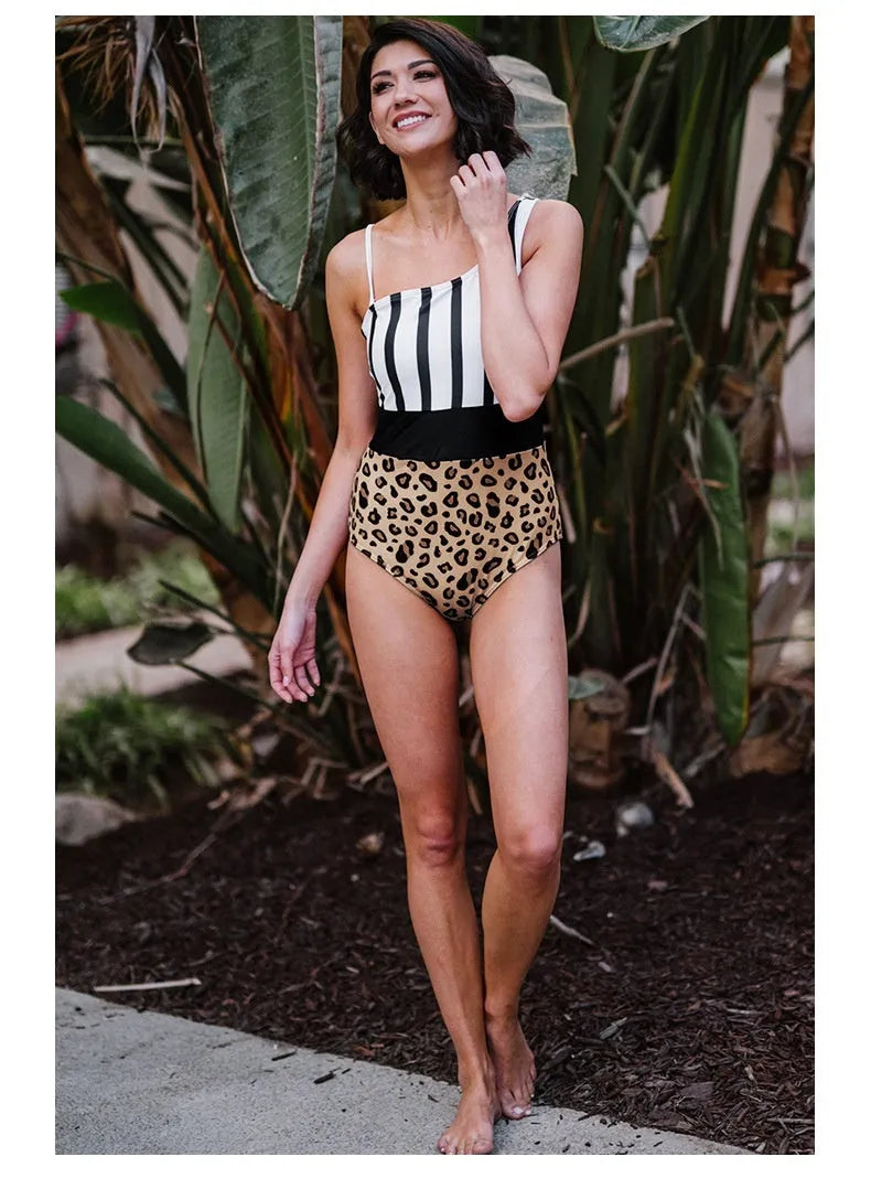 Leopard print women's one-piece swimsuit with asymmetric collar and high-waisted design